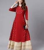 Janasya women's maroon crepe ethnic motifs a-line kurta