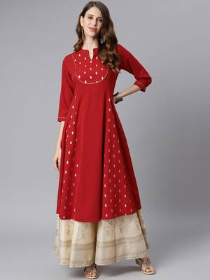 Janasya women's maroon crepe ethnic motifs a-line kurta 2