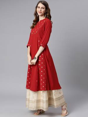 Janasya women's maroon crepe ethnic motifs a-line kurta 3