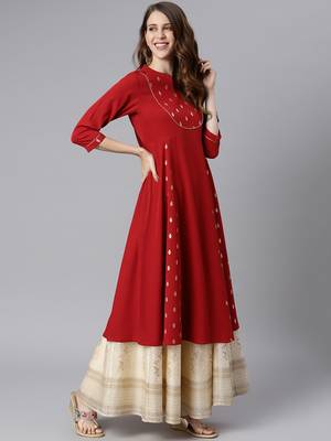 Janasya women's maroon crepe ethnic motifs a-line kurta 4