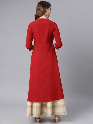 Janasya women's maroon crepe ethnic motifs a-line kurta 5