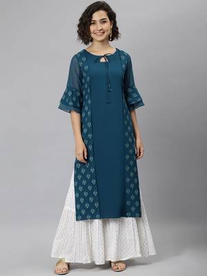 Janasya women's teal crepe ethnic motifs straight kurta 1