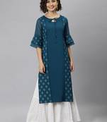 Janasya women's teal crepe ethnic motifs straight kurta