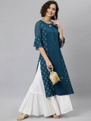 Janasya women's teal crepe ethnic motifs straight kurta 2