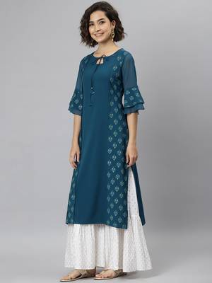 Janasya women's teal crepe ethnic motifs straight kurta 3