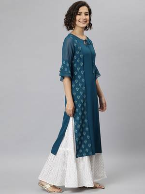 Janasya women's teal crepe ethnic motifs straight kurta 4