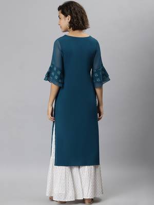 Janasya women's teal crepe ethnic motifs straight kurta 5