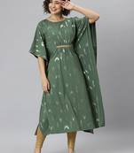 Janasya women's green crepe geometric print kaftan kurta