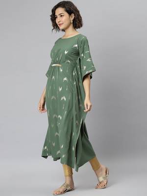Janasya women's green crepe geometric print kaftan kurta 3