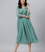 Janasya women's green chiffon self design flared kurta