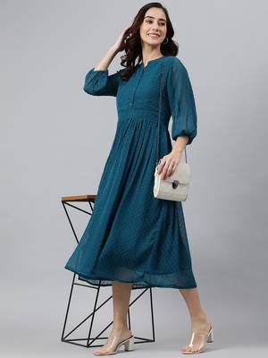 Janasya women's teal chiffon self design flared kurta 1
