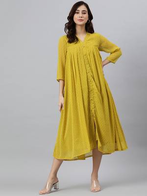 Janasya women's mustard chiffon self design frontslit kurta 1