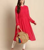 Janasya women's pink chiffon self design frontslit kurta