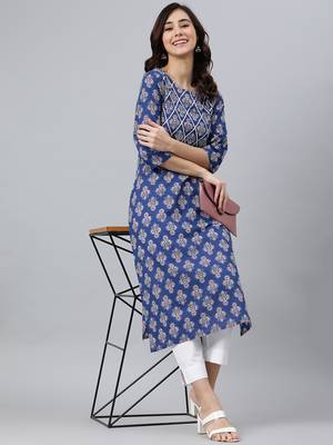 Janasya women's blue cotton floral print straight kurta 1