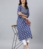Janasya women's blue cotton floral print straight kurta