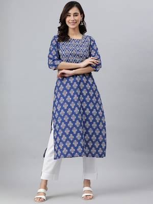 Janasya women's blue cotton floral print straight kurta 2