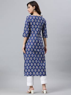 Janasya women's blue cotton floral print straight kurta 5