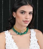 Gold plated kundan green and gold necklace set