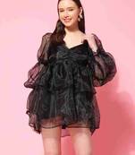 Floral plain puff sleeve black organza dress for women