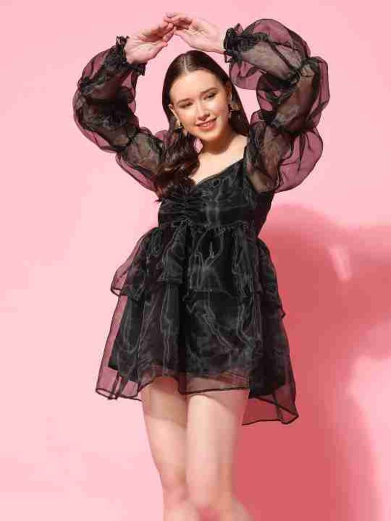 Floral plain puff sleeve black organza dress for women