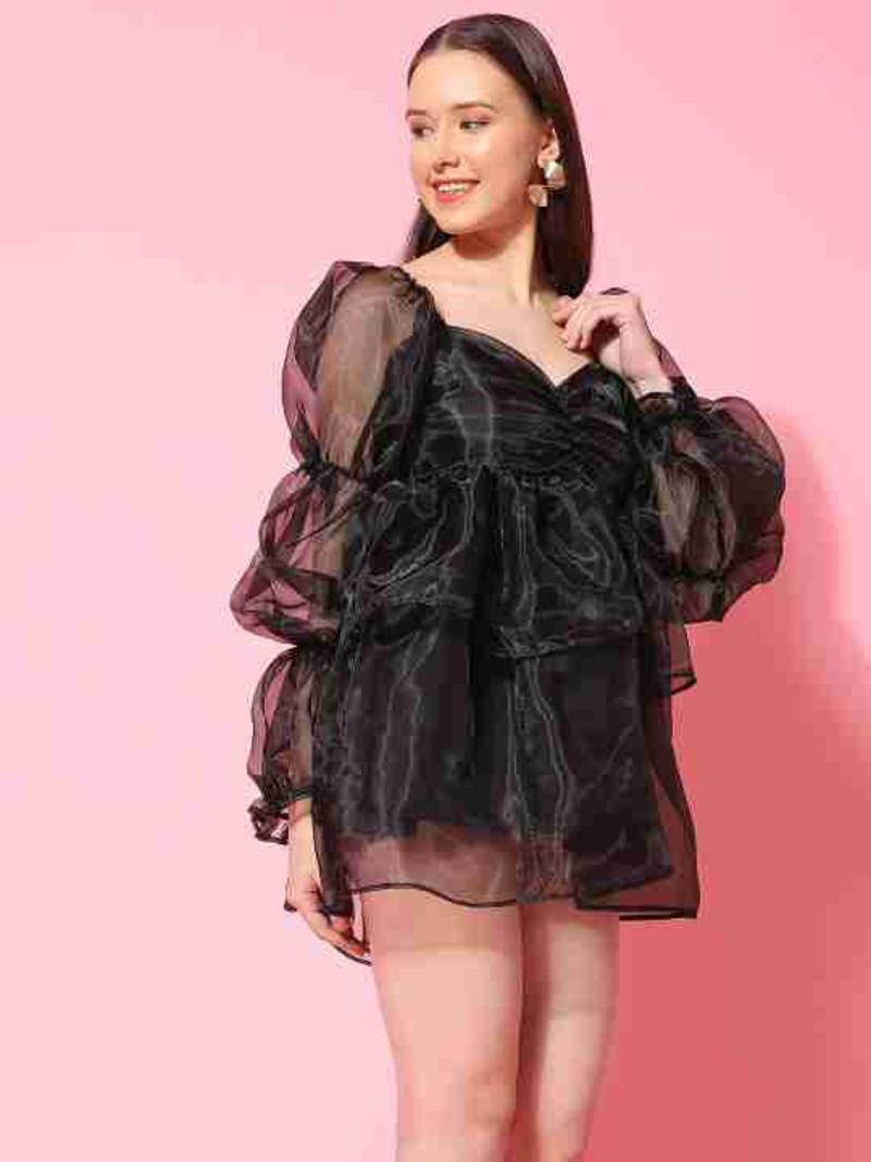Floral plain puff sleeve black organza dress for women