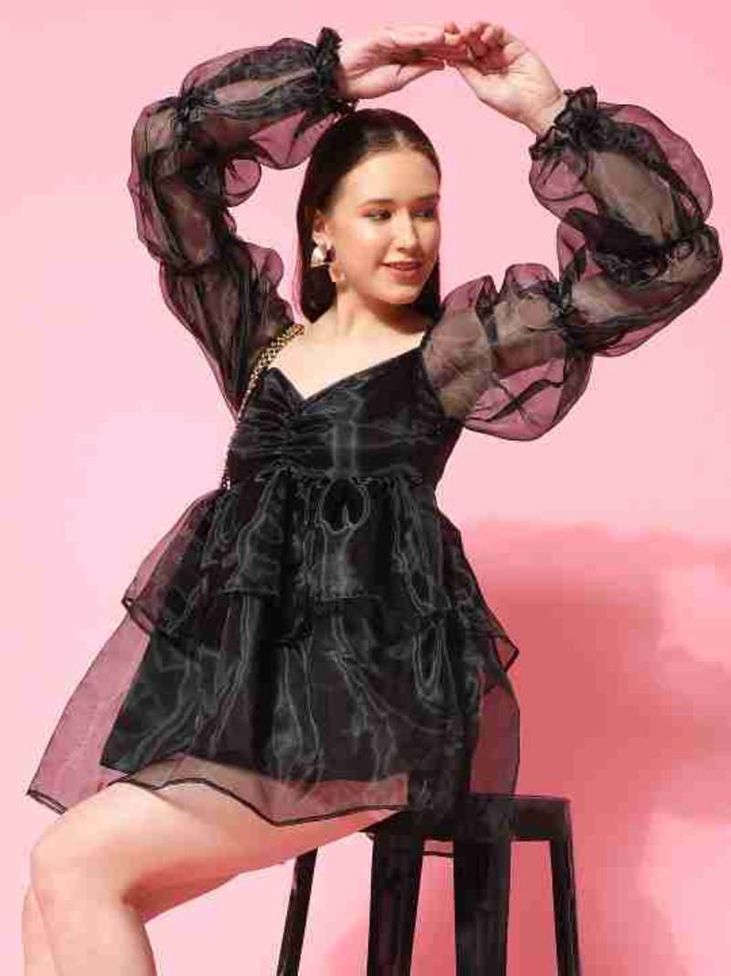 Floral plain puff sleeve black organza dress for women