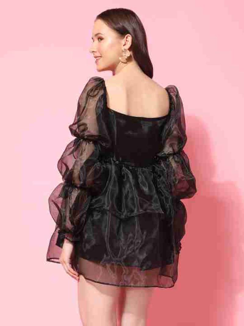 Floral plain puff sleeve black organza dress for women
