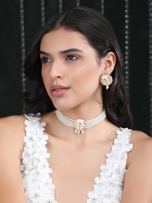 Gold-plated & white kundan & pearls studed choker necklace set 1