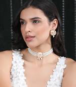 Gold-plated & white kundan & pearls studed choker necklace set