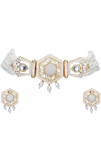 Gold-plated & white kundan & pearls studed choker necklace set