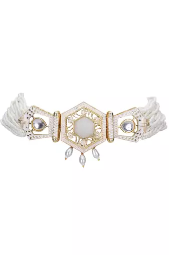 Gold-plated & white kundan & pearls studed choker necklace set