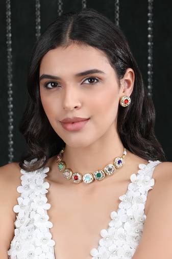 Gold plated kundan traditional  stones multi colour  necklace set