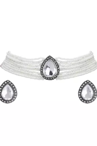 Gold-plated & white kundan & pearls studed choker set