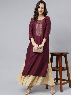 Janasya women's wine silk solid straight kurta 1