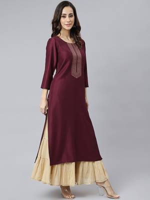 Janasya women's wine silk solid straight kurta 4