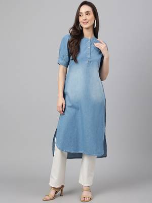 Janasya women's light blue denim solid high low kurta 1