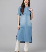Janasya women's light blue denim solid high low kurta