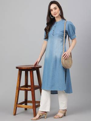 Janasya women's light blue denim solid high low kurta 2