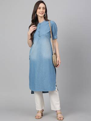 Janasya women's light blue denim solid high low kurta 3