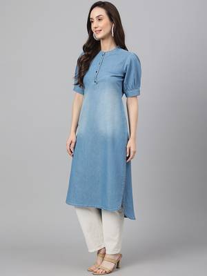 Janasya women's light blue denim solid high low kurta 4