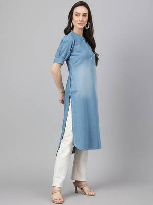 Janasya women's light blue denim solid high low kurta 5