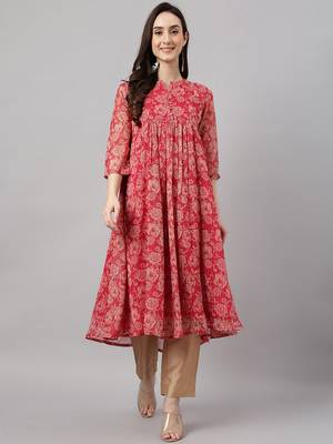 Janasya women's dark pink chiffon lurex floral printed flared kurta 3