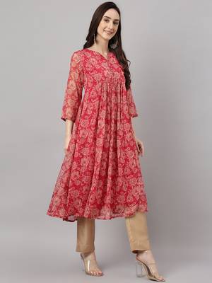 Janasya women's dark pink chiffon lurex floral printed flared kurta 4