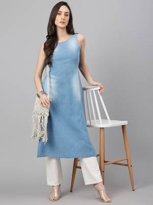 Janasya women's light blue denim solid straight kurta 1