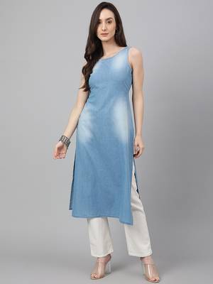 Janasya women's light blue denim solid straight kurta 2