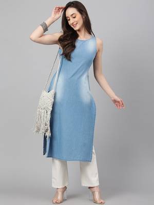 Janasya women's light blue denim solid straight kurta 3