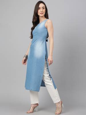 Janasya women's light blue denim solid straight kurta 4