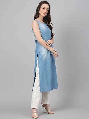Janasya women's light blue denim solid straight kurta 5