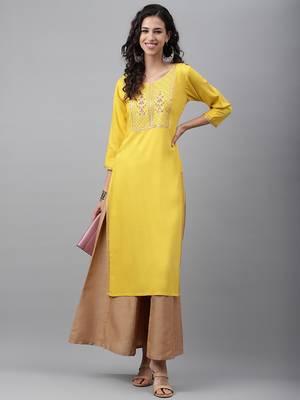 Janasya women's mustard rayon slub solid straight kurta 3