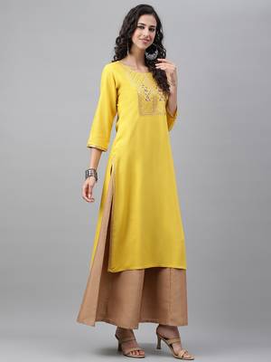 Janasya women's mustard rayon slub solid straight kurta 4
